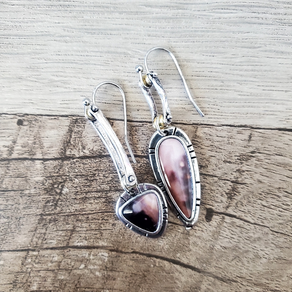 Unique Boho Silver + Jasper Style Earrings, NWT